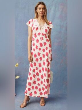 RIXO Cream Maxi Slip with Pink Rose Print